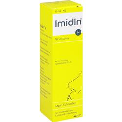 Gelbe Verpackung eines Nasensprays gegen Schnupfen für Erwachsene und Schulkinder.